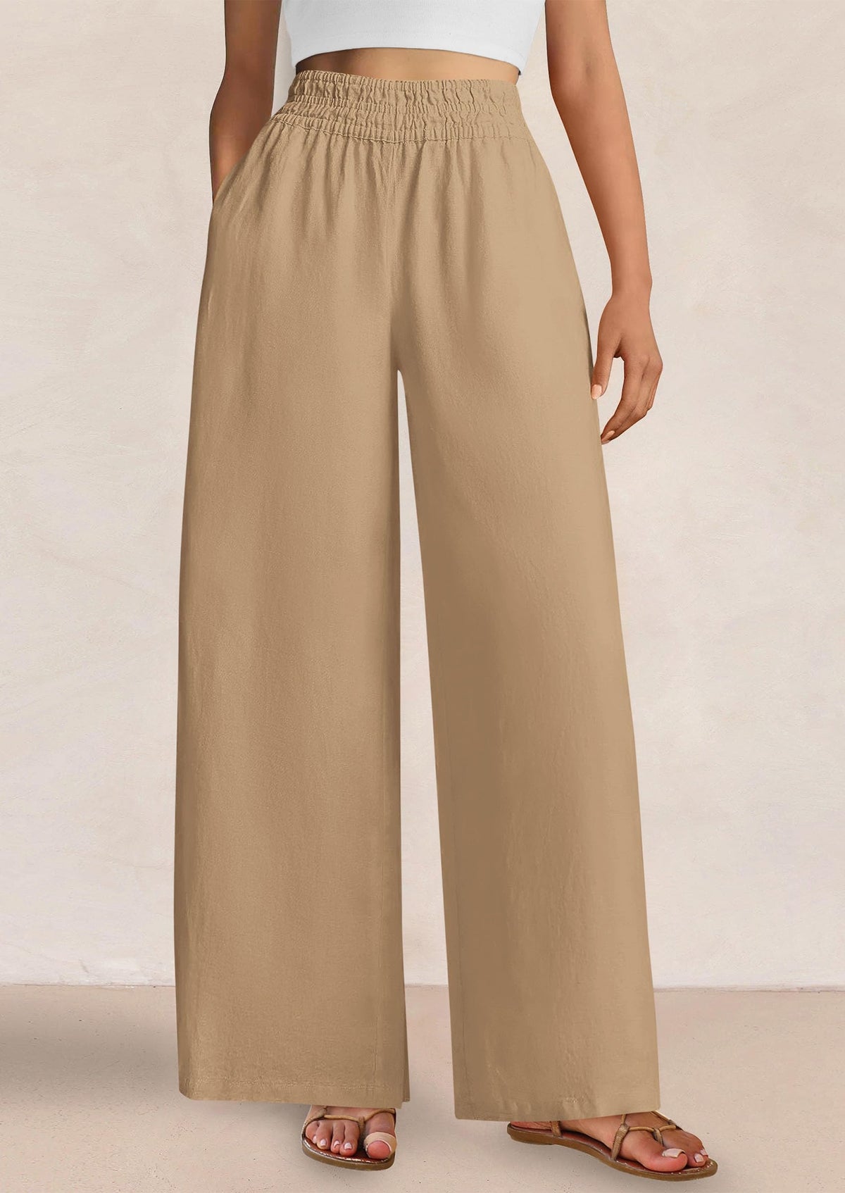 Casual Elastic Waist Loose Flowy Palazzo Pants Trousers with Pockets