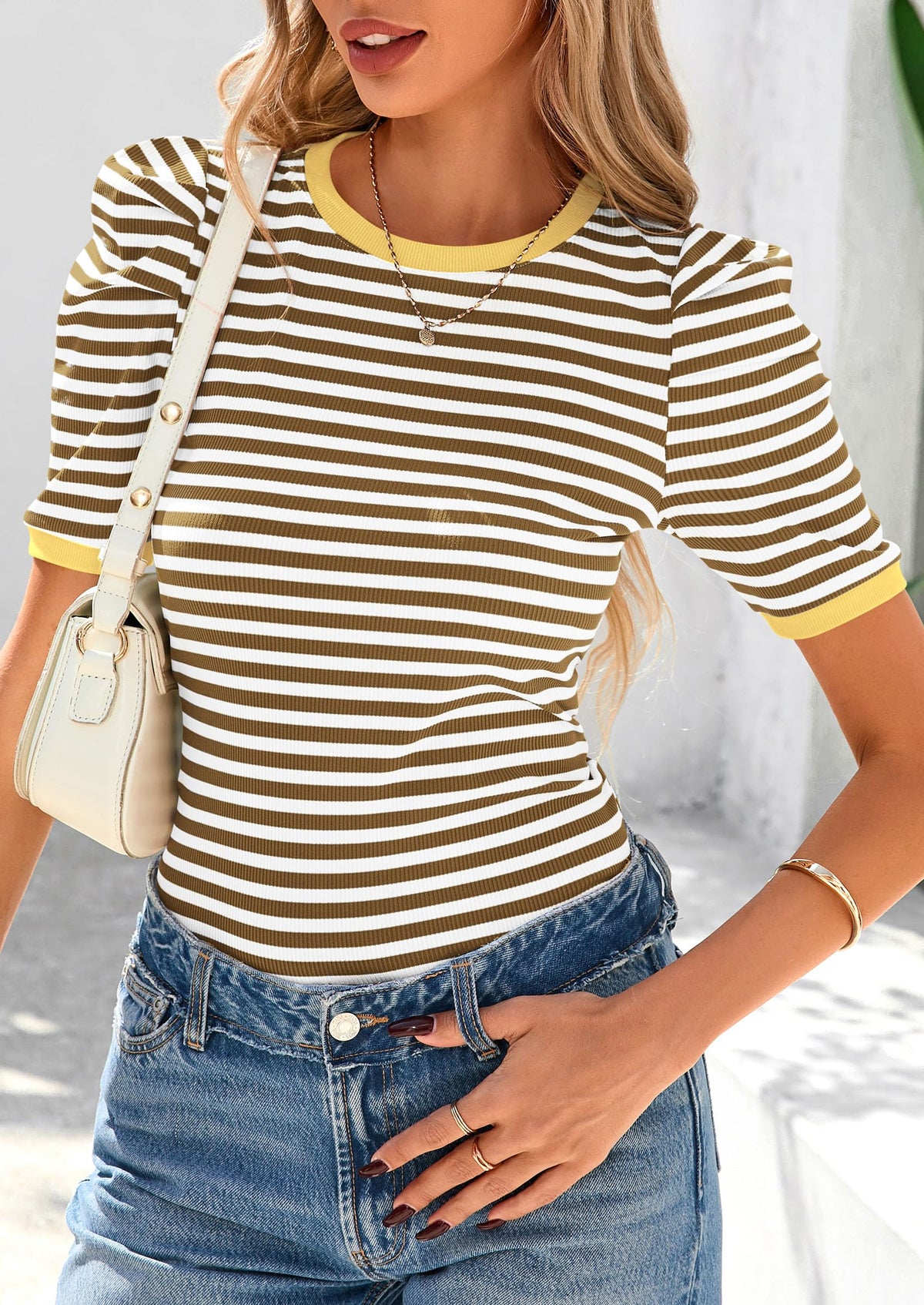 Puff Sleeve Casual Ribbed Knit Color Block Striped Pullover T-shirts