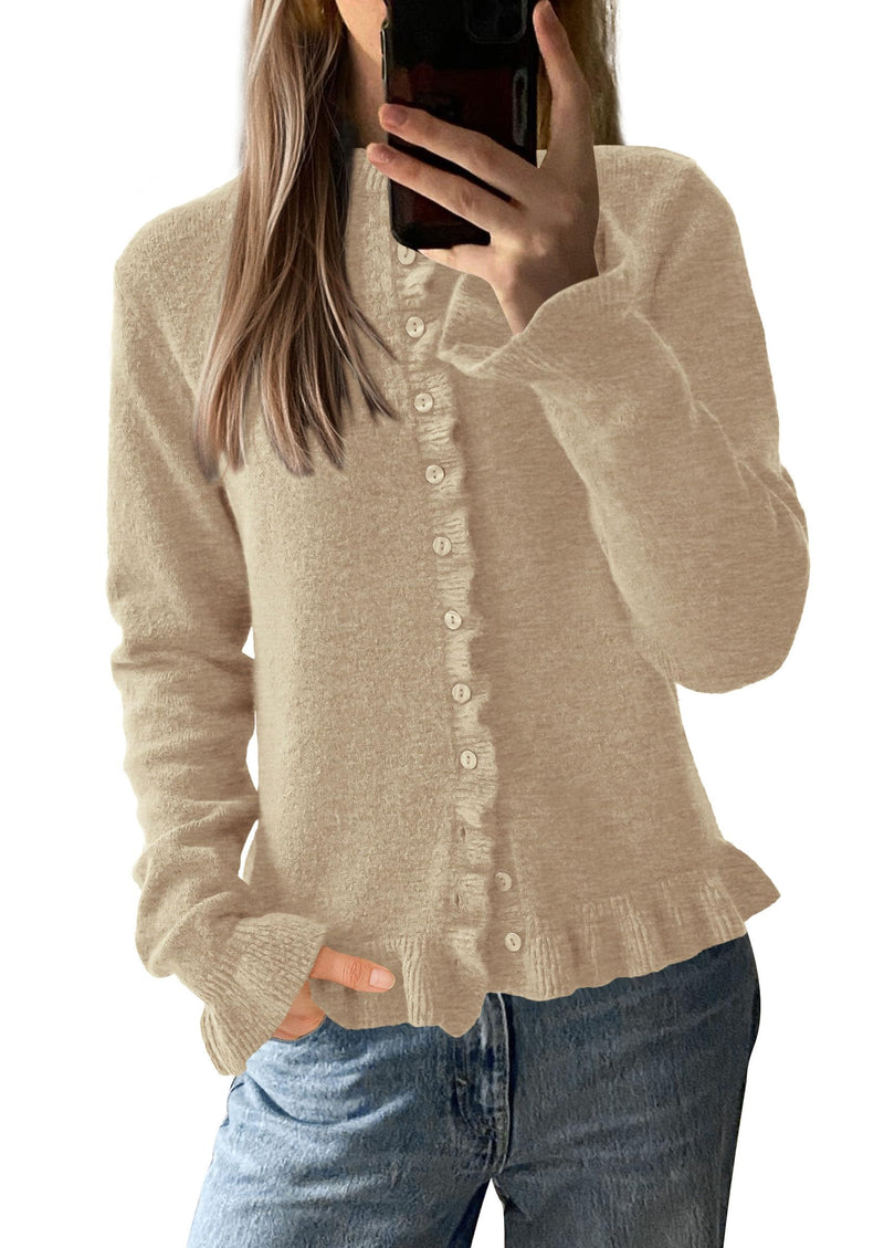 PRETTYGARDEN Womens Fall Button Down Cardigans Chunky Knit Ruffle Open Front Cropped Cardigan Sweaters Soft Long Sleeve Tops