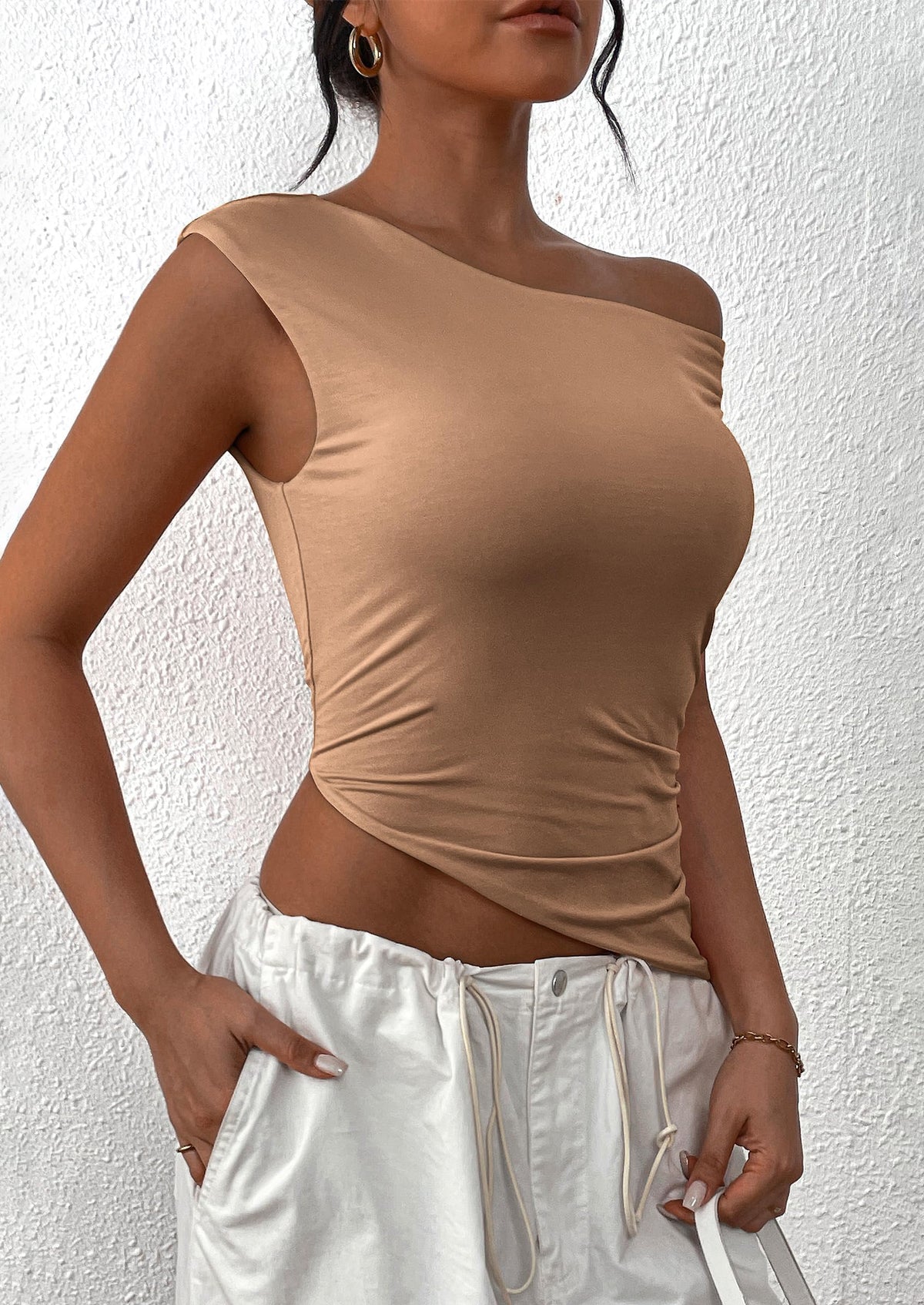 Off The Shoulder Sleeveless One Shoulder Ruched Asymmetrical Y2K Tank Top