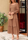 PRETTYGARDEN Women Fall Long Sleeve Smocked Maxi Dress Casual Square Neck Swiss Dot Tiered Ruffle Flowy Spring Pocket Dresses
