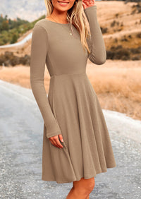 Ribbed Knit Crew Neck Long Sleeve A-Line Flowy Casual Elegant Mini Dresses