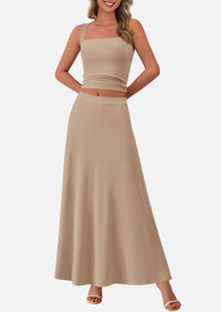 Crop Tank Top Flowy Midi Skirts Ribbed Knit Casual Two Piece Skirt Set