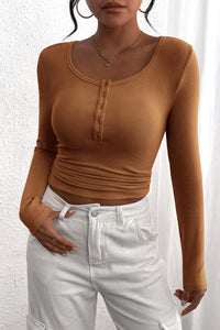 Long Sleeve Henley Button Down Ribbed Knit Slim Fit Casual T-shirts