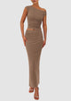 One Shoulder Sleeveless Ruched Slit Bodycon Two Piece Skirt Set