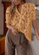 Lace Puff Sleeve Casual Dressy Eyelet Crew Neck Button Down Blouses