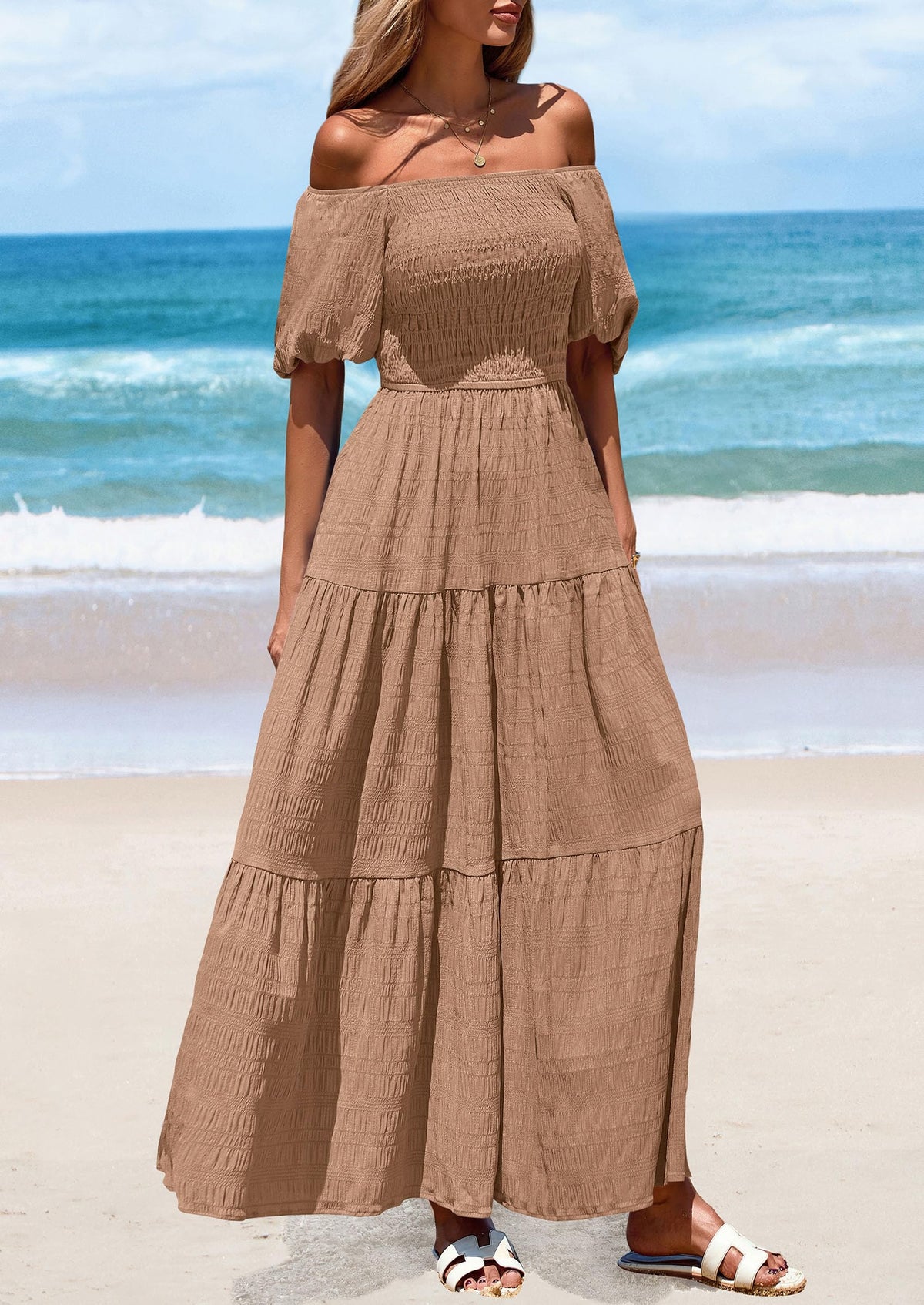 Puff Short Sleeve Square Neck Smocked Tiered Ruffle A Line Flowy Beach Maxi Dresses