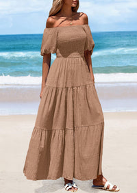 Puff Short Sleeve Square Neck Smocked Tiered Ruffle A Line Flowy Beach Maxi Dresses