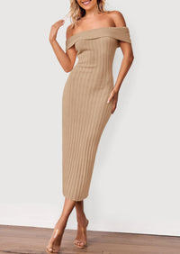 Off The Shoulder Elegant Ribbed Knit Bodycon Wedding Guest Sweater Midi Dresses