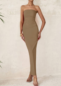 Strapless Tube Bodycon Ruched Slit Maxi Dresses
