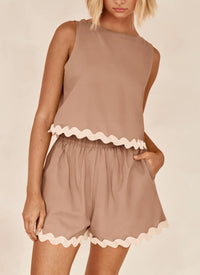 Beach Vacation Cropped Tank Top High Waist Shorts Two Piece Set