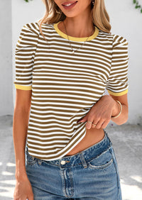Puff Sleeve Casual Ribbed Knit Color Block Striped Pullover T-shirts