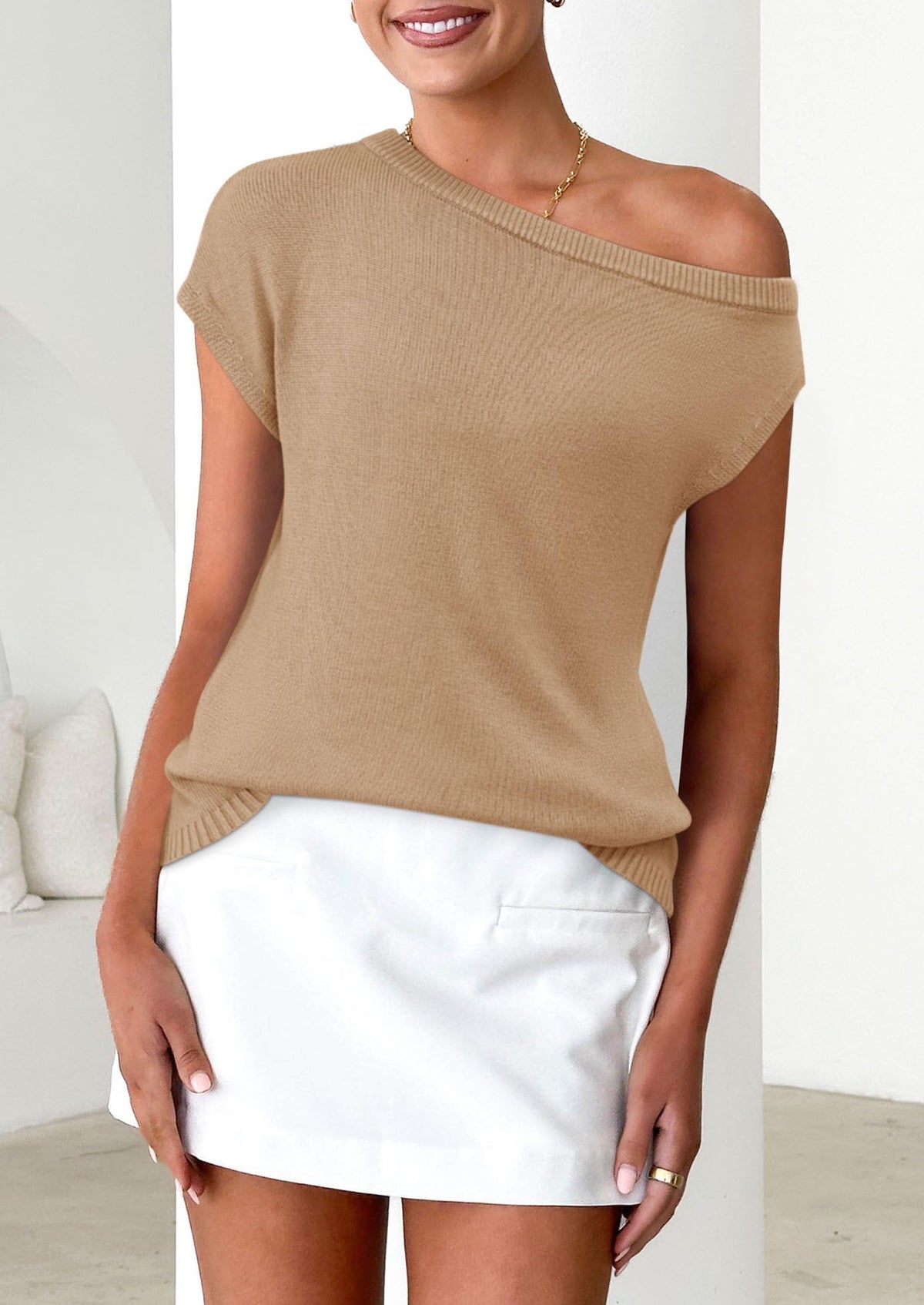 Off The Shoulder Casual Short Sleeve Tunic Lightweight Knit Sweaters