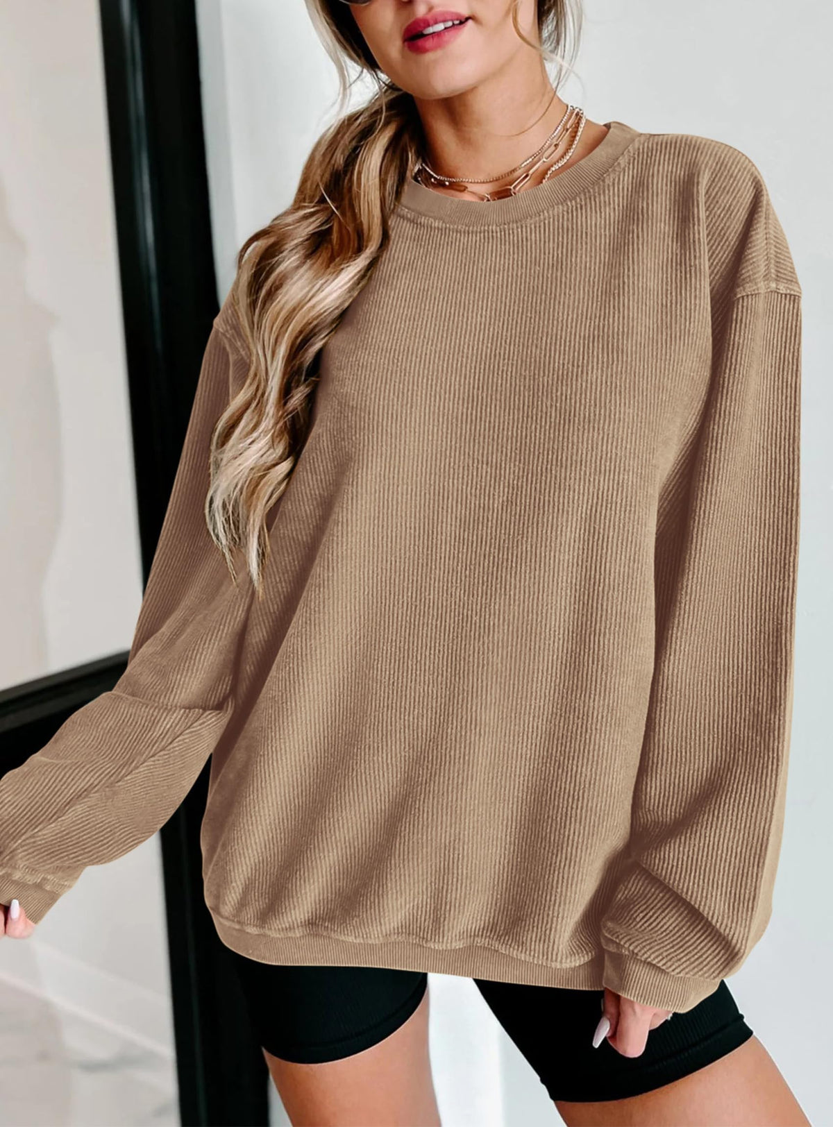 Ribbed Corduroy Crew Neck Long Sleeve Loose Fit Casual Oversized Sweatshirt