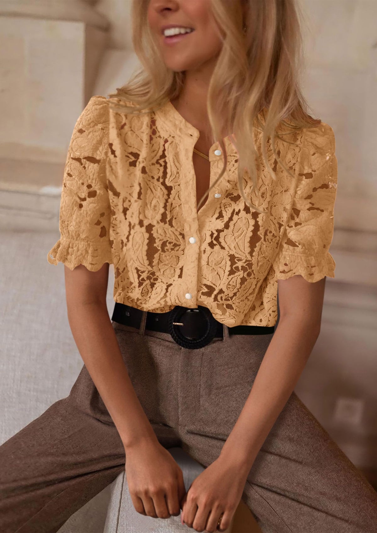Lace Puff Sleeve Casual Dressy Eyelet Crew Neck Button Down Blouses
