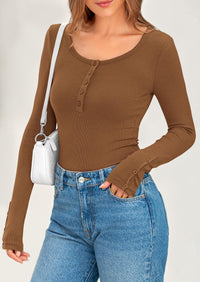 Long Sleeve Henley Ribbed Knit Button Up Slim Fitted Basic Casual T-shirts