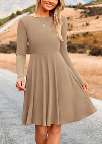 Ribbed Knit Crew Neck Long Sleeve A-Line Flowy Casual Elegant Mini Dresses