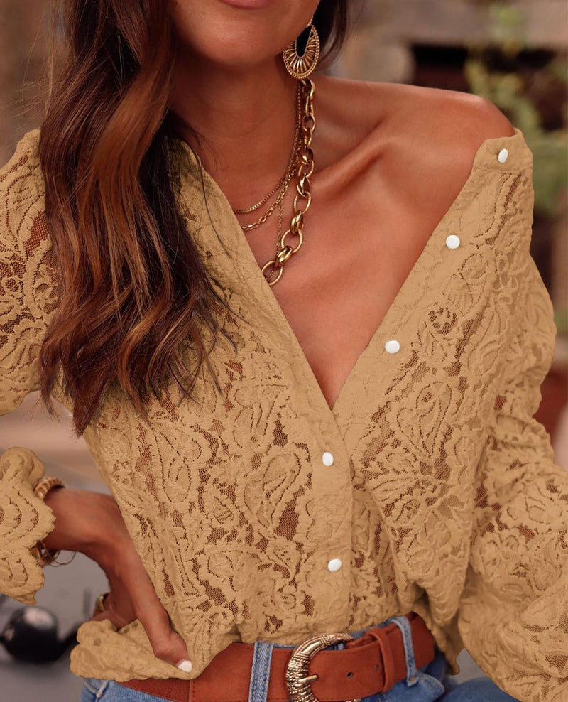 PRETTYGARDEN Women's Dressy Casual Lace Blouse Long Sleeve Button Up Shirts Tops Spring Fall Fashion Clothes