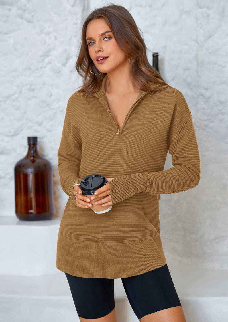 PRETTYGARDEN Womens Long Sleeve Quarter Zip Pullover Sweater Casual Loose V Neck Collared Ribbed Knit Jumper Tops Thumb Hole