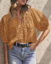 PRETTYGARDEN Women's Summer Short Sleeve Tops 2025 Dressy Casual Buttons V Neck Hollow Out Lace Embroidered Blouses Shirts