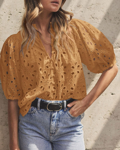 PRETTYGARDEN Women's Summer Short Sleeve Tops 2025 Dressy Casual Buttons V Neck Hollow Out Lace Embroidered Blouses Shirts