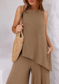 Asymmetrical Split Tank Tops Wide Leg Pants  Two Piece Sets