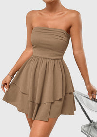Strapless Tube  Off Shoulder Smocked Ruffle A Line Mini Dress