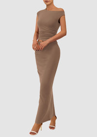 One Shoulder Sleeveless Ruched Slit Bodycon Two Piece Skirt Set