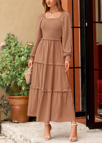 PRETTYGARDEN Women Fall Long Sleeve Smocked Maxi Dress Casual Square Neck Swiss Dot Tiered Ruffle Flowy Spring Pocket Dresses