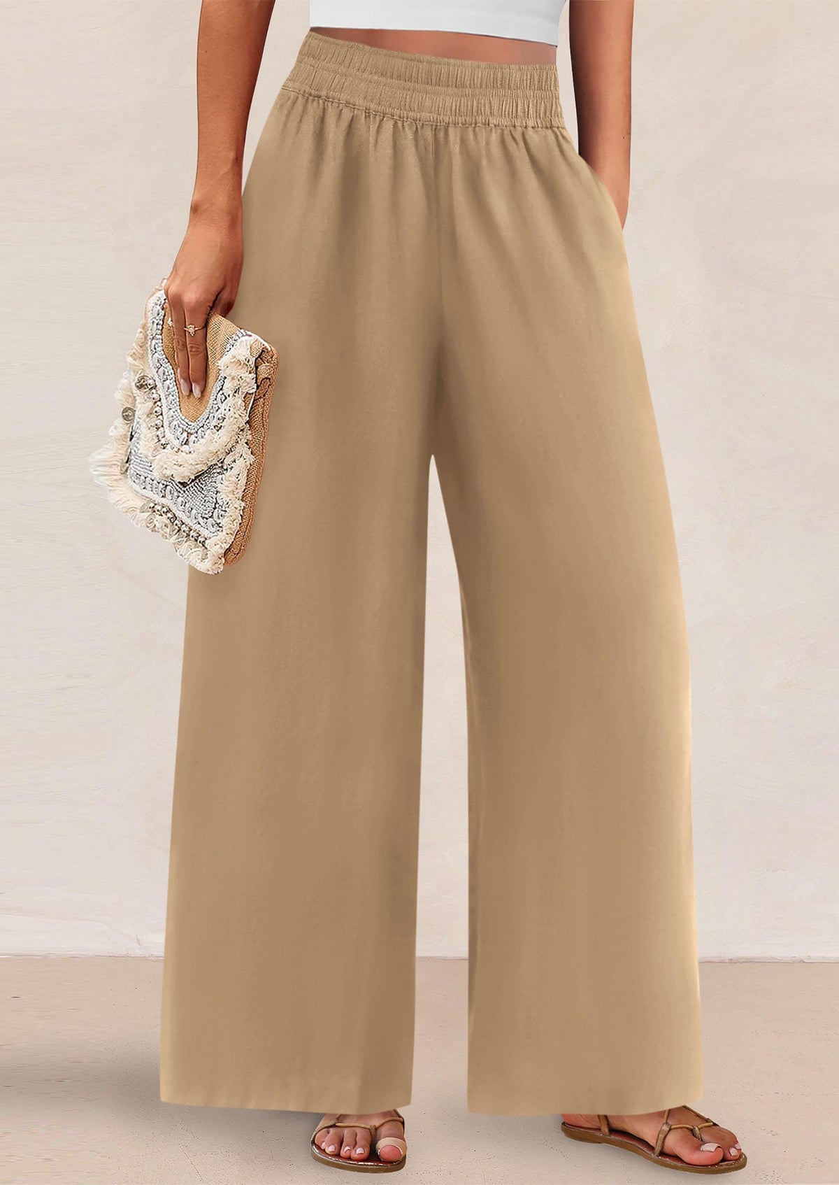 Casual Elastic Waist Loose Flowy Palazzo Pants Trousers with Pockets