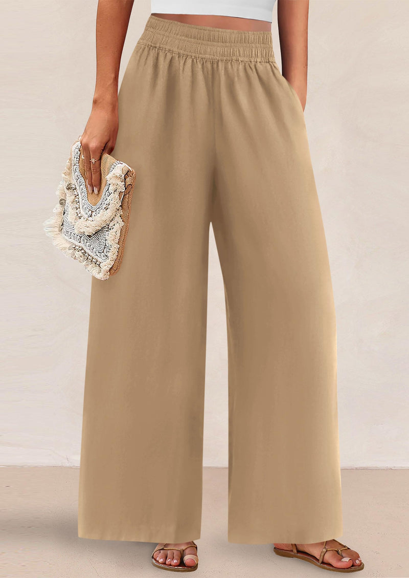 Casual Elastic Waist Loose Flowy Palazzo Pants Trousers with Pockets
