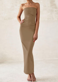 Strapless Tube Bodycon Ruched Slit Maxi Dresses