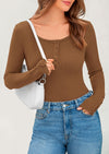 PRETTYGARDEN Women's Summer Long Sleeve Henley T Shirts Ribbed Knit Button Slim Fitted Basic Casual Going Out Fall Tops