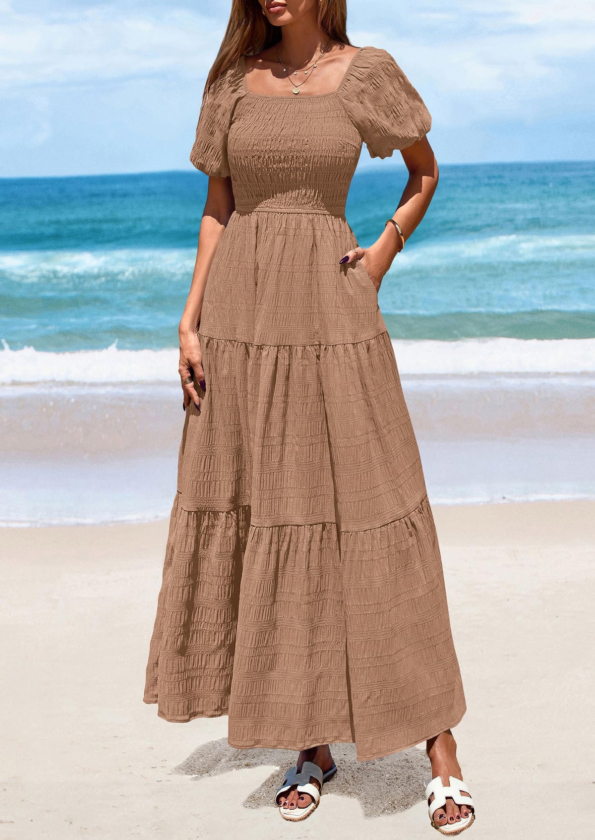 Puff Short Sleeve Square Neck Smocked Tiered Ruffle A Line Flowy Beach Maxi Dresses