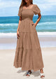 Puff Short Sleeve Square Neck Smocked Tiered Ruffle A Line Flowy Beach Maxi Dresses