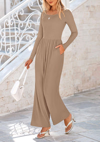Solid Color Casual Long Sleeve Wide Leg Pants Jumpsuits