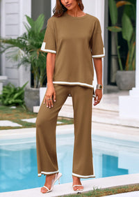 Casual Short Sleeve Knit Sweater Tops Wide Leg Pants 2 Piece Sets