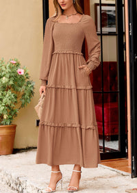 PRETTYGARDEN Women Fall Long Sleeve Smocked Maxi Dress Casual Square Neck Swiss Dot Tiered Ruffle Flowy Spring Pocket Dresses