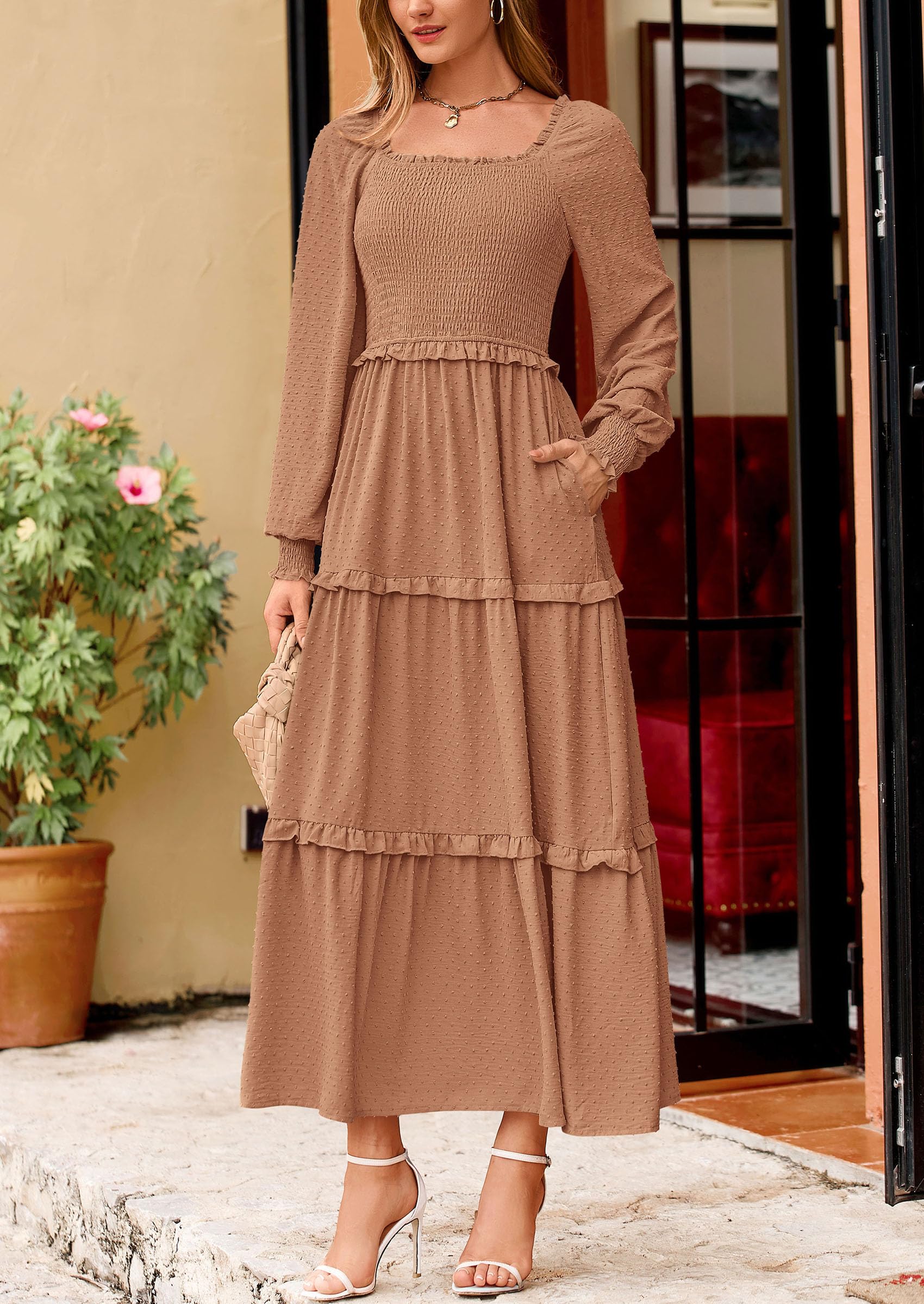 PRETTYGARDEN Women Fall Long Sleeve Smocked Maxi Dress Casual Square Neck Swiss Dot Tiered Ruffle Flowy Spring Pocket Dresses