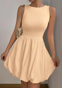 Casual Sleeveless Tank Mini Short Dress Crew Neck Bubble Dress with Pockets