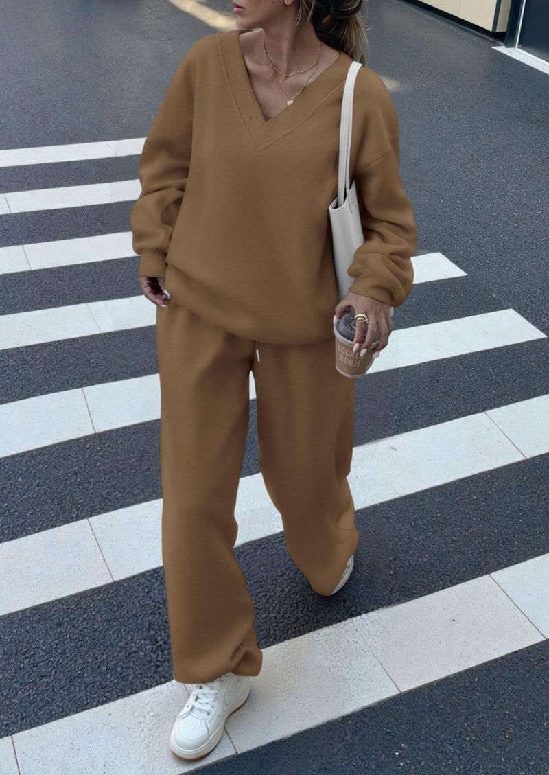 PRETTYGARDEN Casual Winter Two Piece Sets for Women V Neck Sweatshirt Loose Wide Leg Pants Tracksuit Knit Fall Outfits