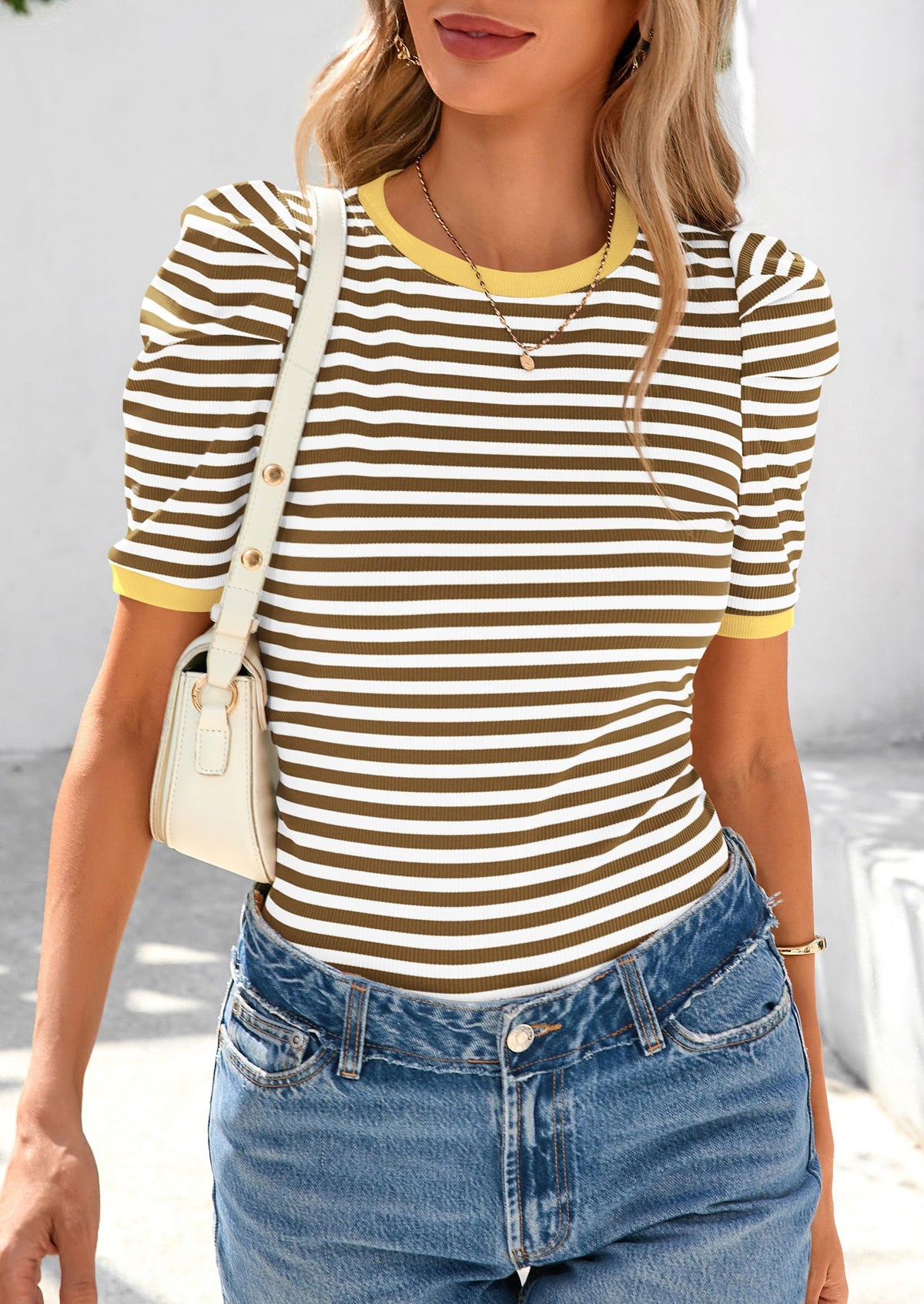 Puff Sleeve Casual Ribbed Knit Color Block Striped Pullover T-shirts
