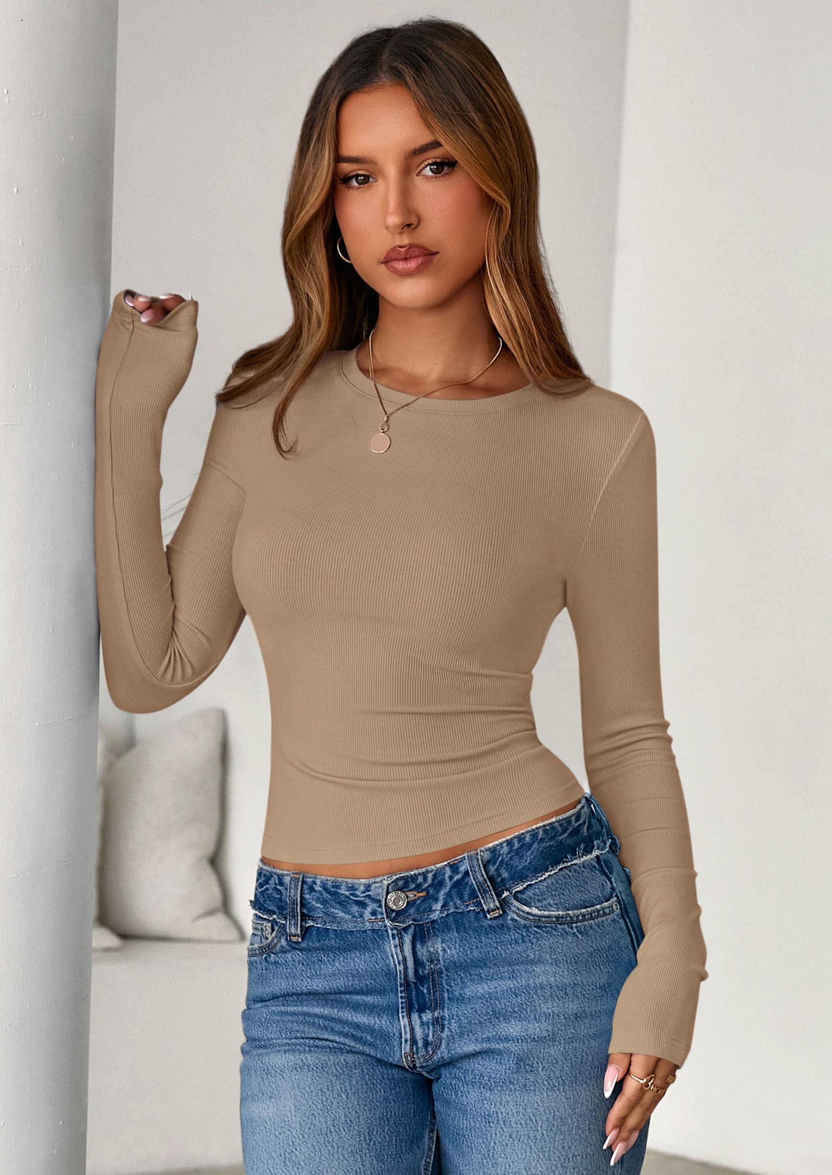 PRETTYGARDEN Womens Summer Fall Long Sleeve Shirts Ribbed Knit Fitted Basic Tee Going Out Tops Underscrub Casual Outfits