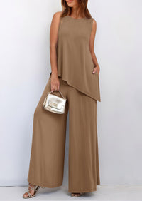 Asymmetrical Split Tank Tops Wide Leg Pants  Two Piece Sets