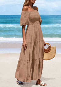 Puff Short Sleeve Square Neck Smocked Tiered Ruffle A Line Flowy Beach Maxi Dresses