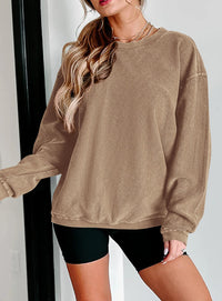 Ribbed Corduroy Crew Neck Long Sleeve Loose Fit Casual Oversized Sweatshirt