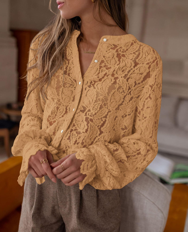 PRETTYGARDEN Women's Dressy Casual Lace Blouse Long Sleeve Button Up Shirts Tops Spring Fall Fashion Clothes