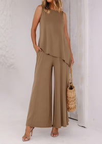 Asymmetrical Split Tank Tops Wide Leg Pants  Two Piece Sets