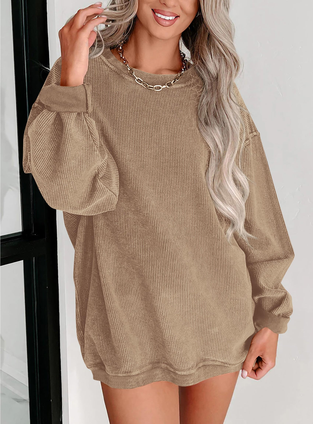 Ribbed Corduroy Crew Neck Long Sleeve Loose Fit Casual Oversized Sweatshirt