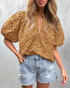 PRETTYGARDEN Women's Summer Short Sleeve Tops 2025 Dressy Casual Buttons V Neck Hollow Out Lace Embroidered Blouses Shirts